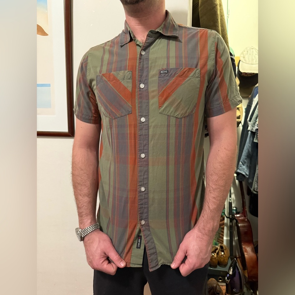 Active USA Men's Olive and Rust Striped Shirt